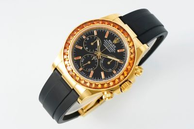 PPM Factory Rolex Daytona Vintage Gold Diamond Bezel/Markers Black Strap Watch